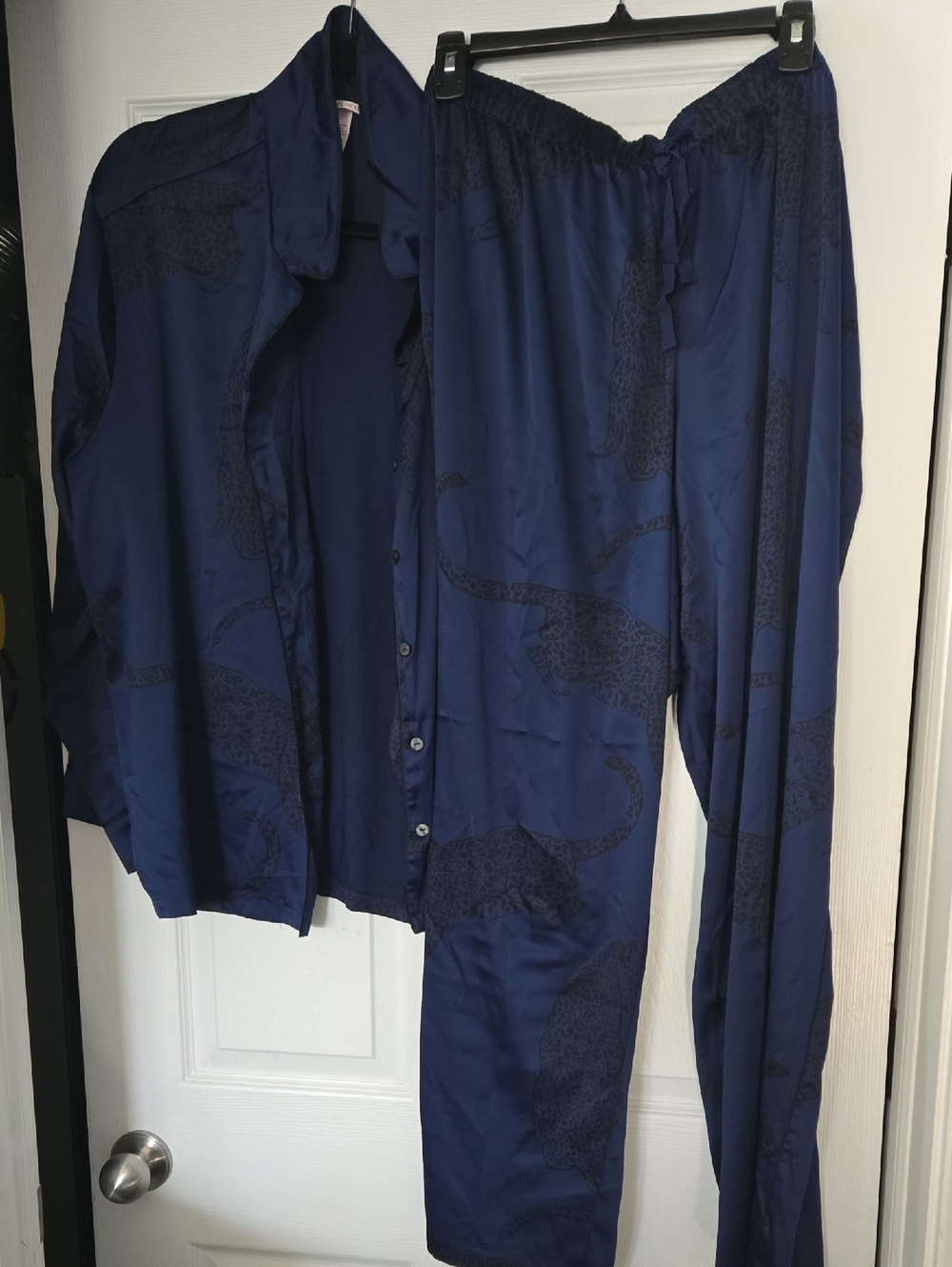 Victoria's Secret Navy Satin Pajama Set with Dark Leopard Print